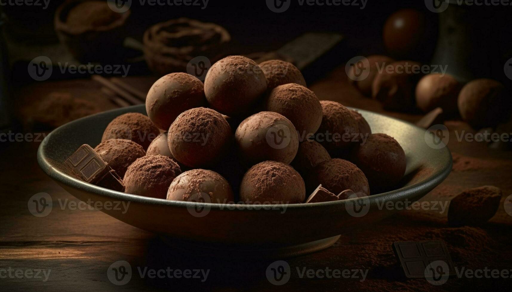 foncé Chocolat truffes dans en bois bol indulgence généré par ai photo