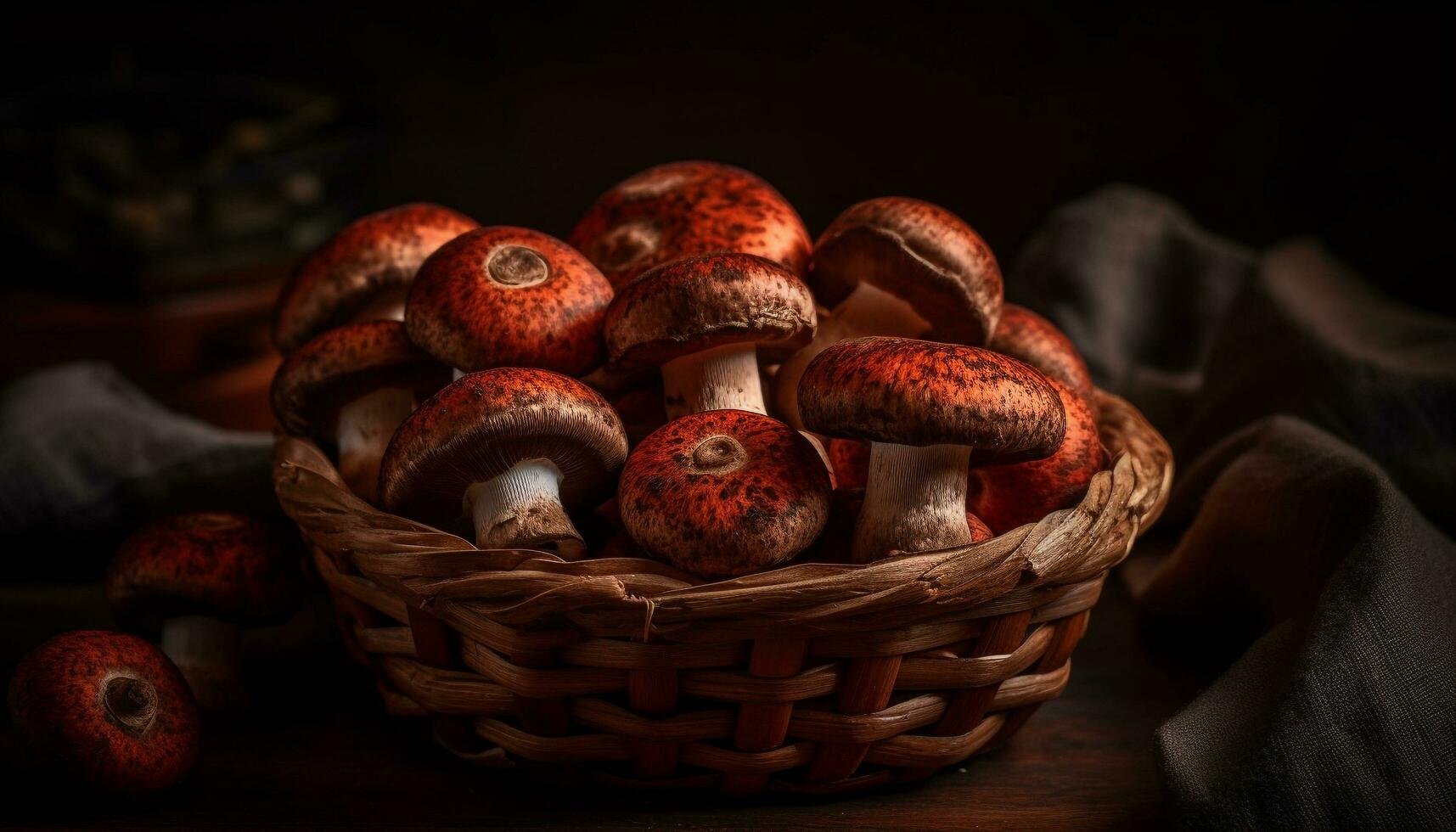 Frais biologique comestible champignon dans rustique osier panier généré par ai photo