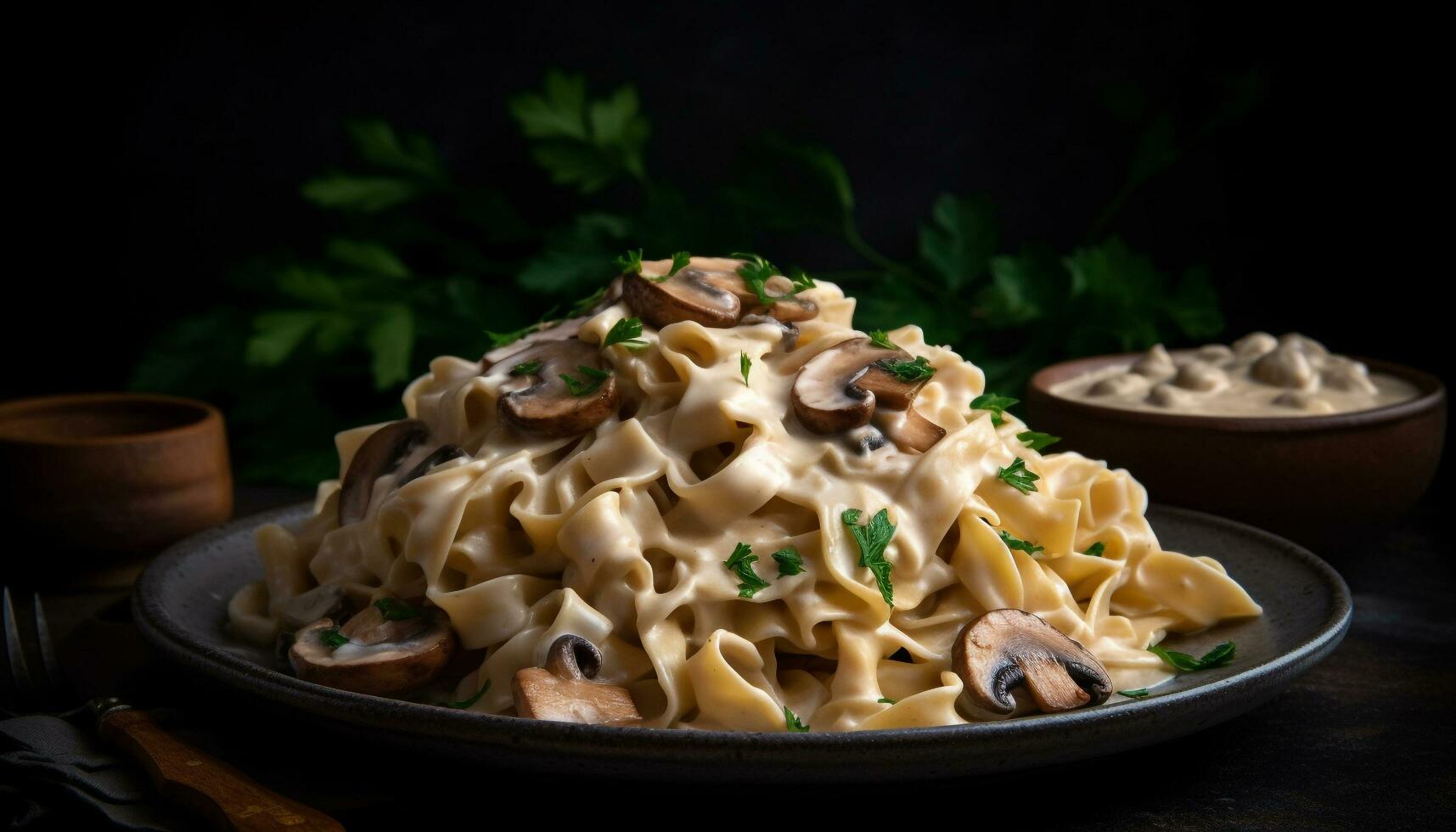 fraîchement cuit Fettuccine avec champignon sauce, persil généré par ai photo