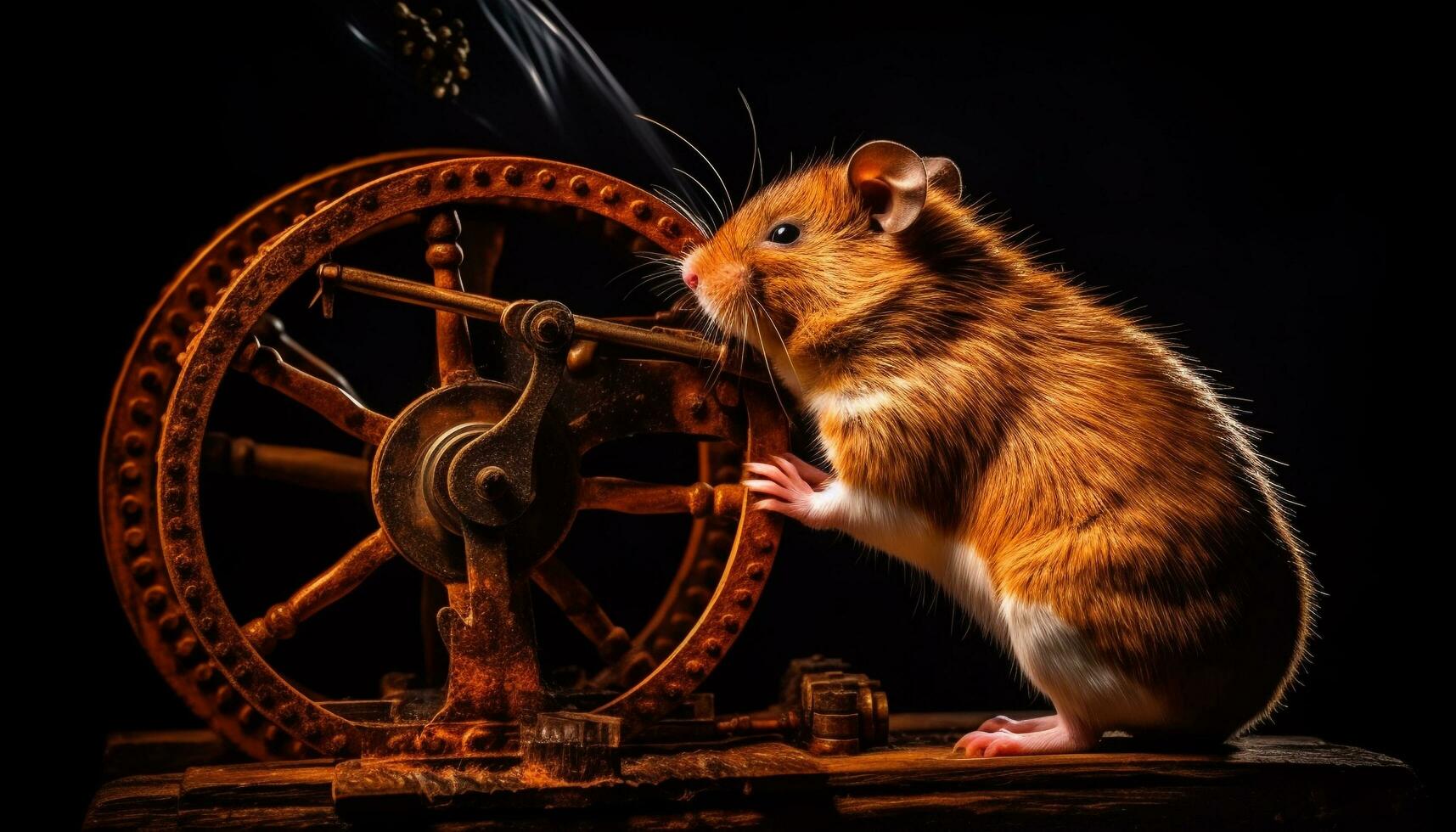 mignonne velu rat séance sur métal roue généré par ai photo