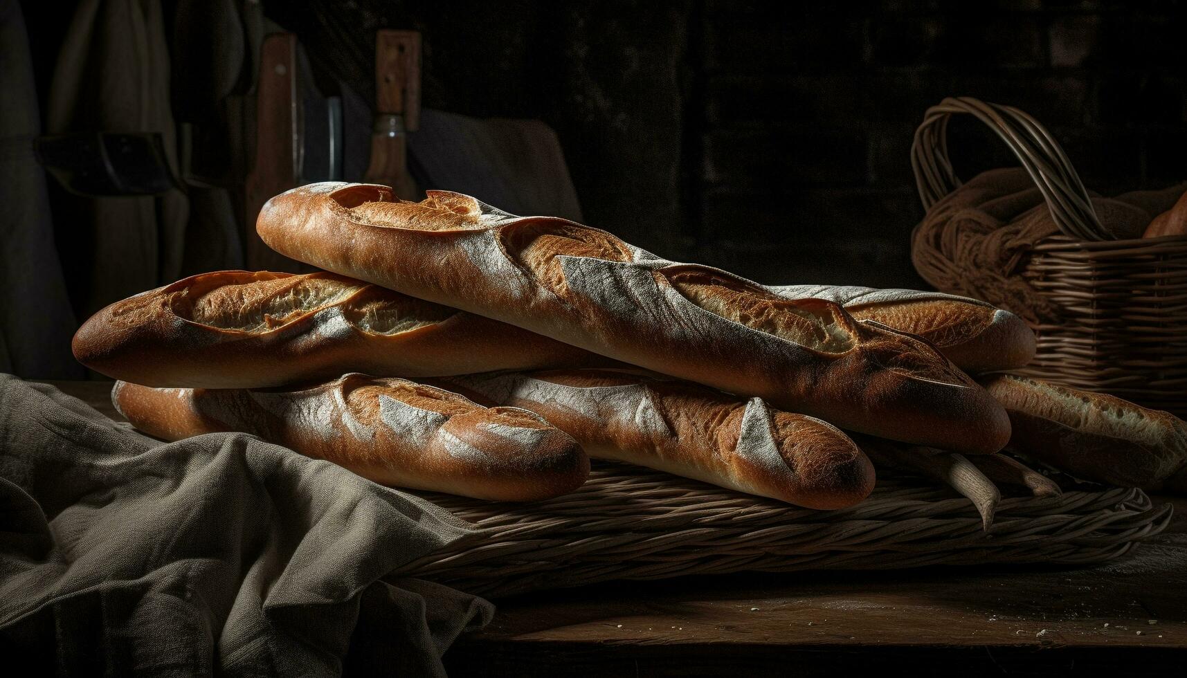 une rustique panier de fraîchement cuit pain généré par ai photo