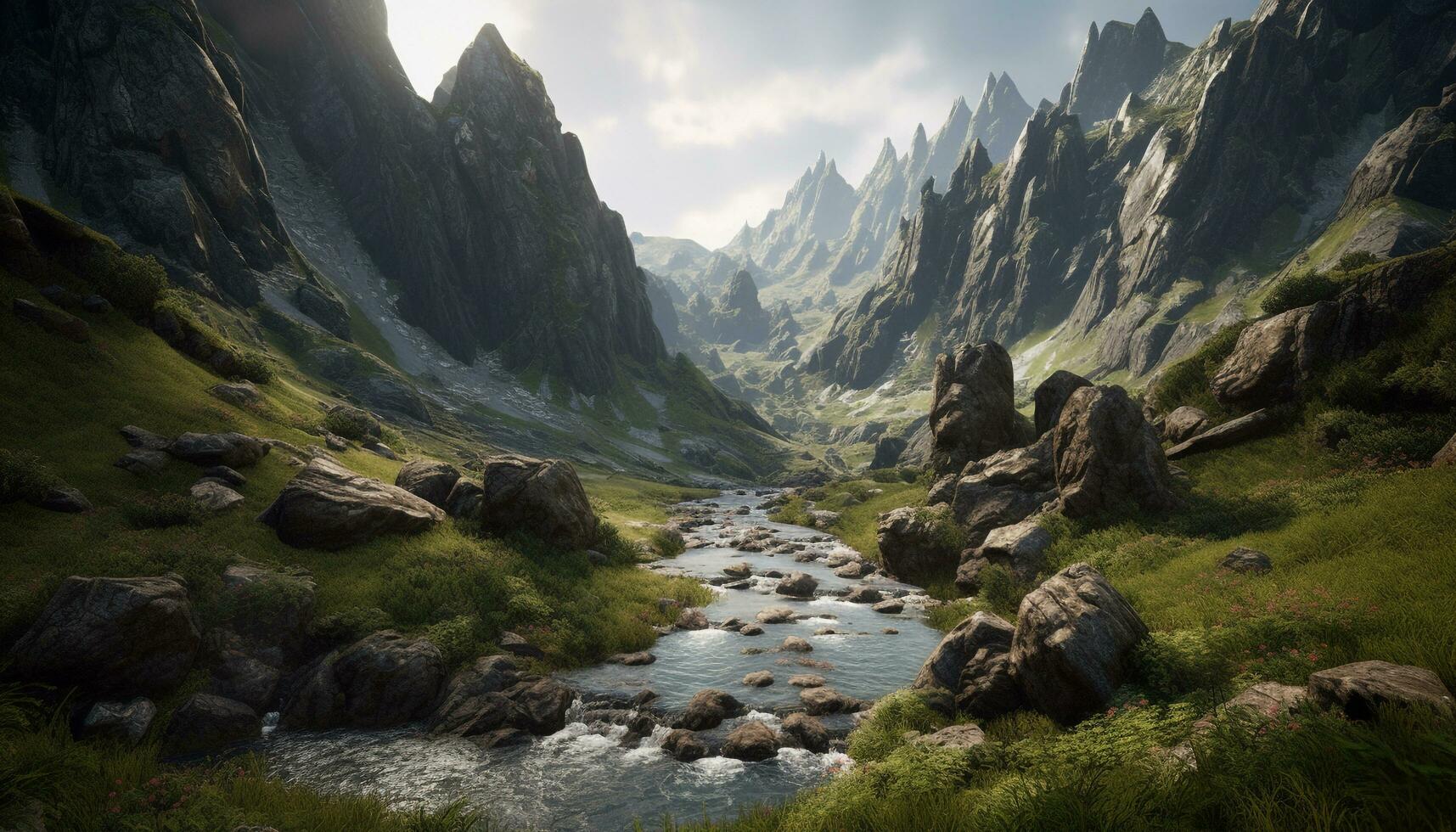 majestueux Montagne gamme, tranquille prairie, écoulement l'eau généré par ai photo