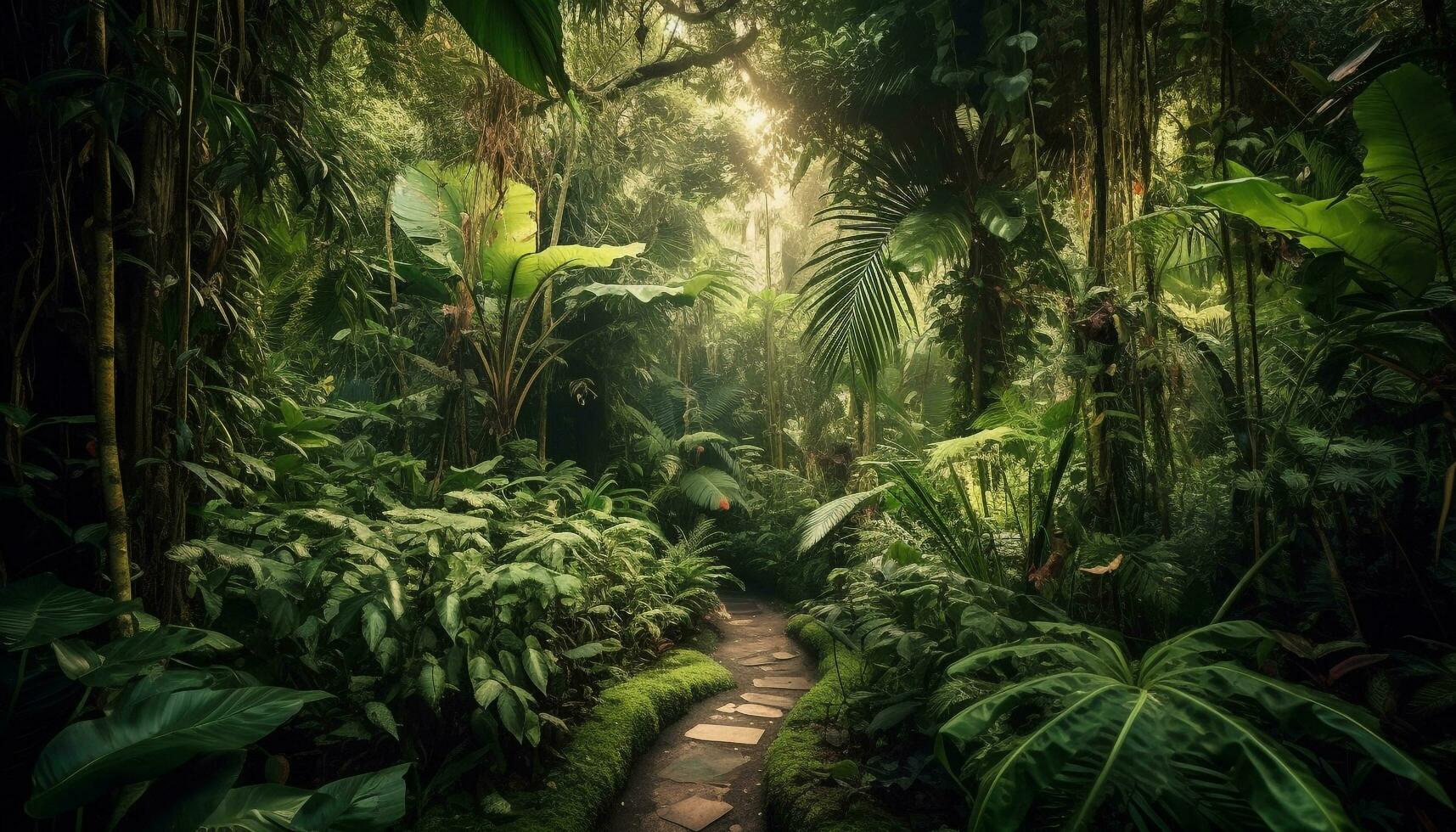 tranquille sentier par luxuriant tropical forêt tropicale aventure généré par ai photo