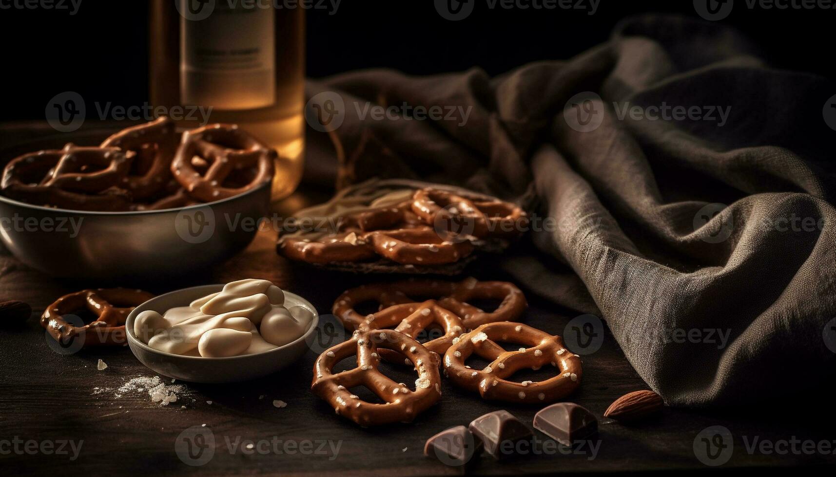 rustique allemand casse-croûte table Chocolat bretzels, porc tas généré par ai photo