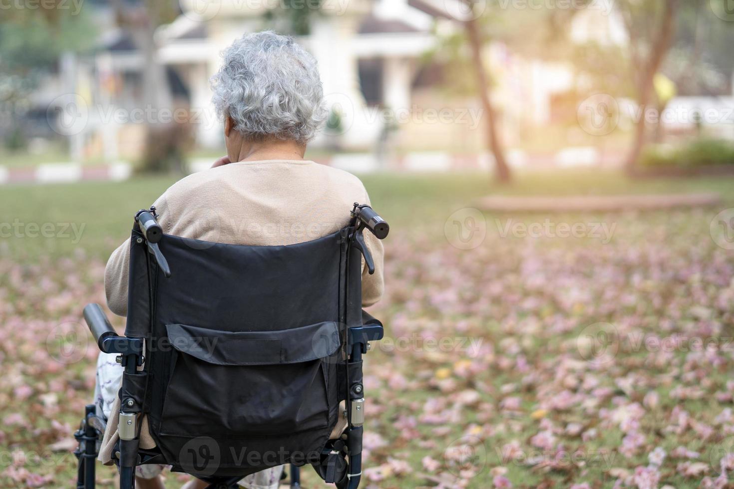 patiente asiatique âgée ou âgée vieille dame sur fauteuil roulant dans le parc, concept médical solide et sain. photo