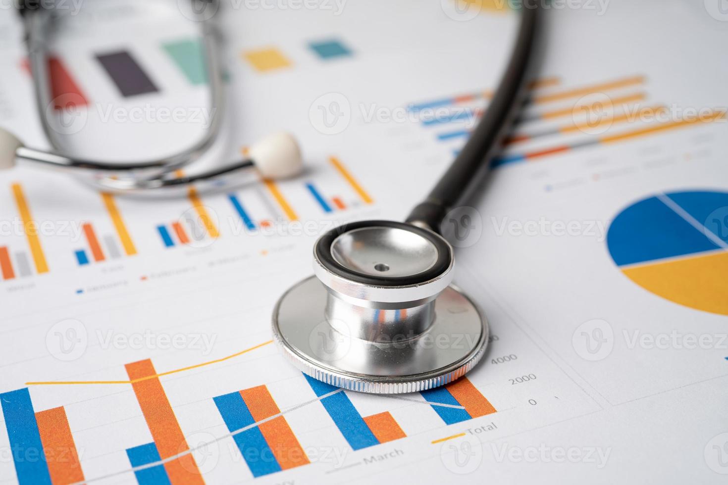 stéthoscope sur papier graphiques et graphiques, finance, compte, statistiques, investissement, économie de données de recherche analytique et concept d'entreprise commerciale. photo