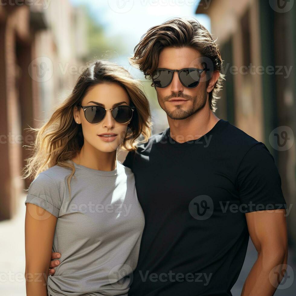 illustration de une couple mode portrait avec plaine T-shirt maquette, ai généré photo