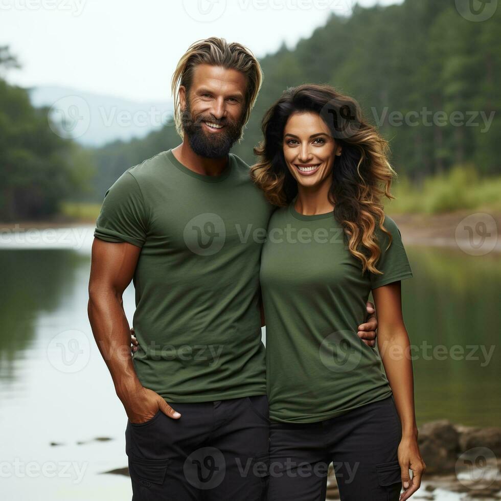 illustration de une couple mode portrait avec plaine T-shirt maquette, ai généré photo