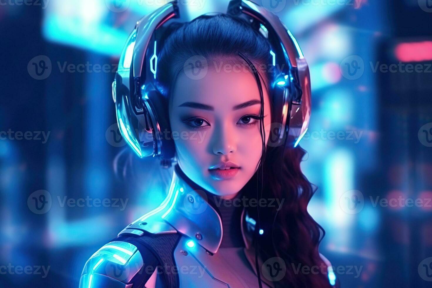 illustration de une cyborg femme et ai La technologie Contexte , ai généré photo