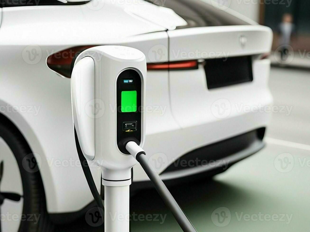 électrique voiture chargeur, blanc électrique voiture mise en charge avec électrique véhicule La technologie photo