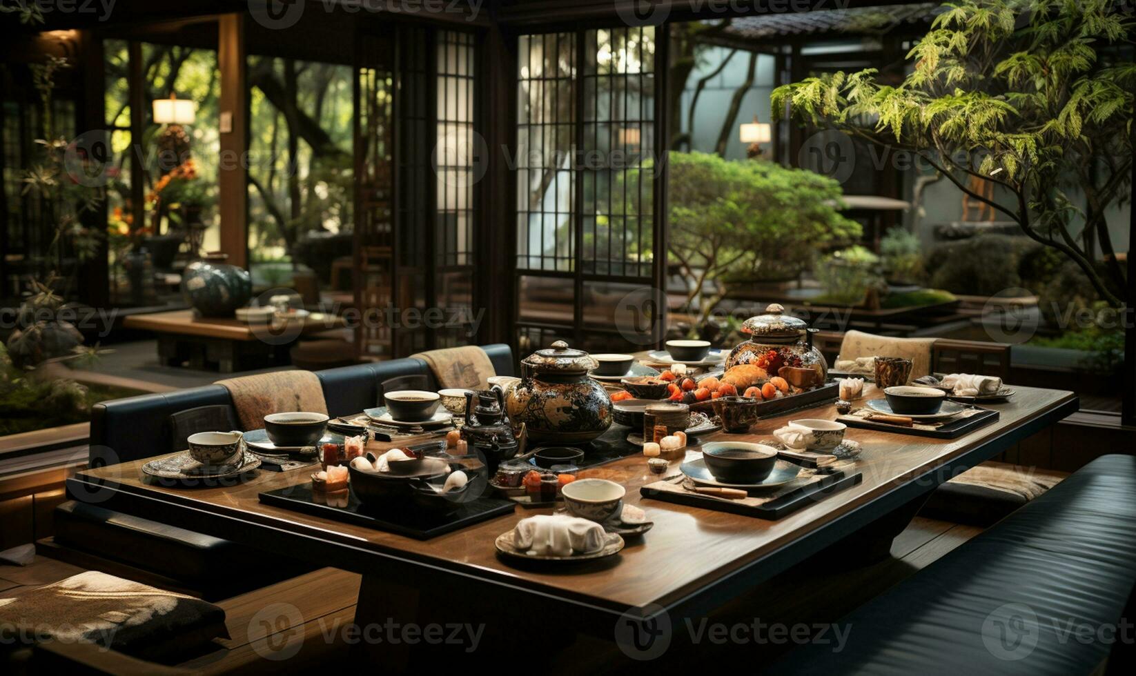 Japonais restaurant. les tables dans une classique style traditionnel Japonais style restaurant. ai généré photo