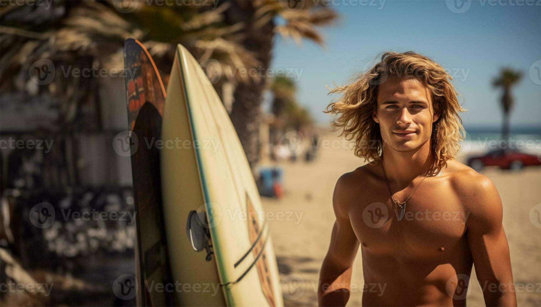 surfeur posant dans de face de le sien van avec une planche de surf dans le sien mains près le plage. ai généré photo