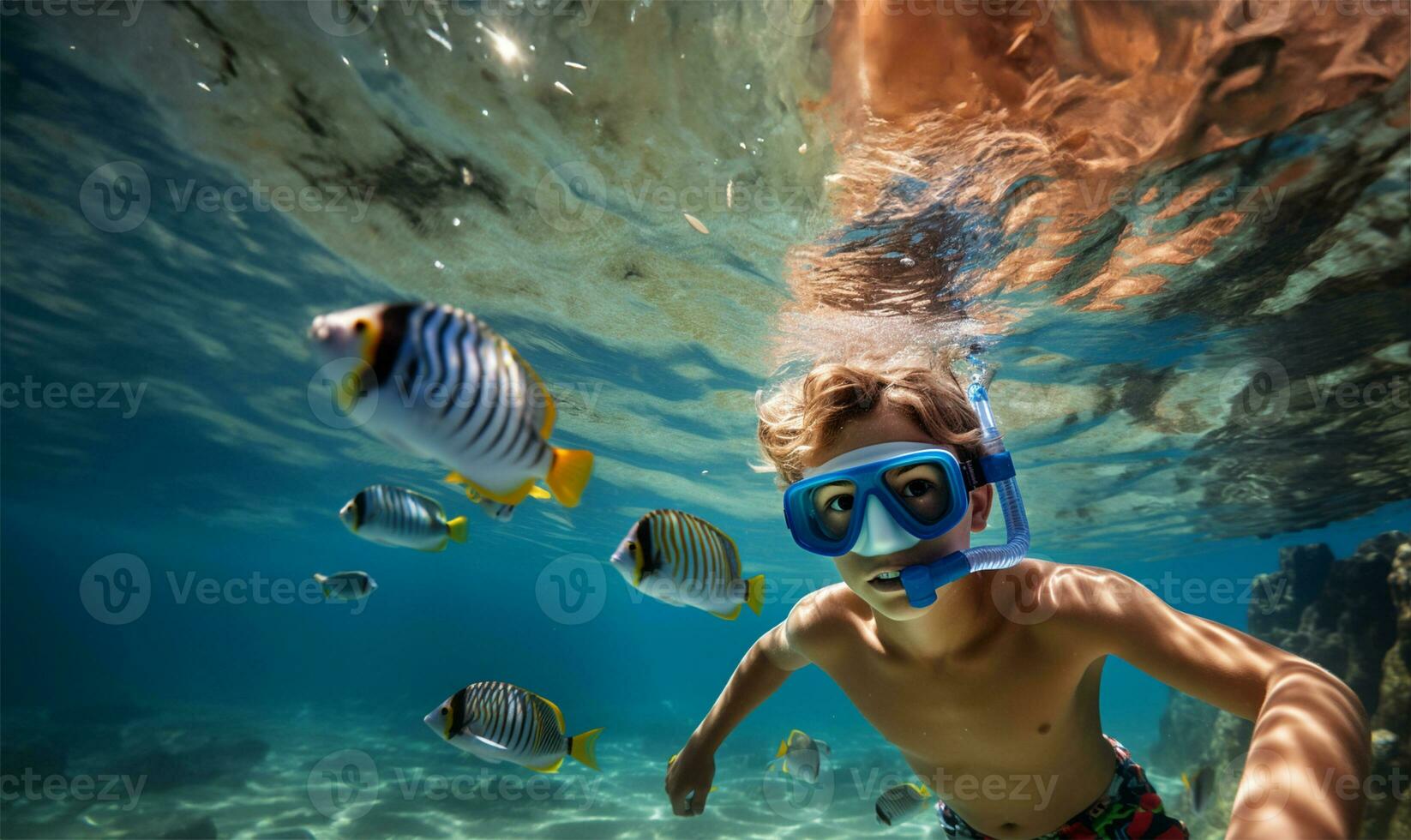 garçon plongée en apnée dans une transparent océan en train de regarder coloré poisson. ai généré photo