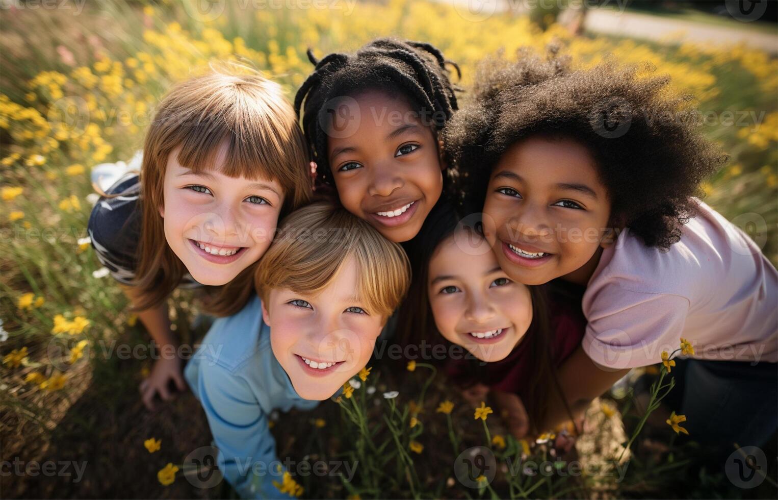 groupe de diverse de bonne humeur amusement content Multi-éthnique les enfants en plein air. ai généré photo