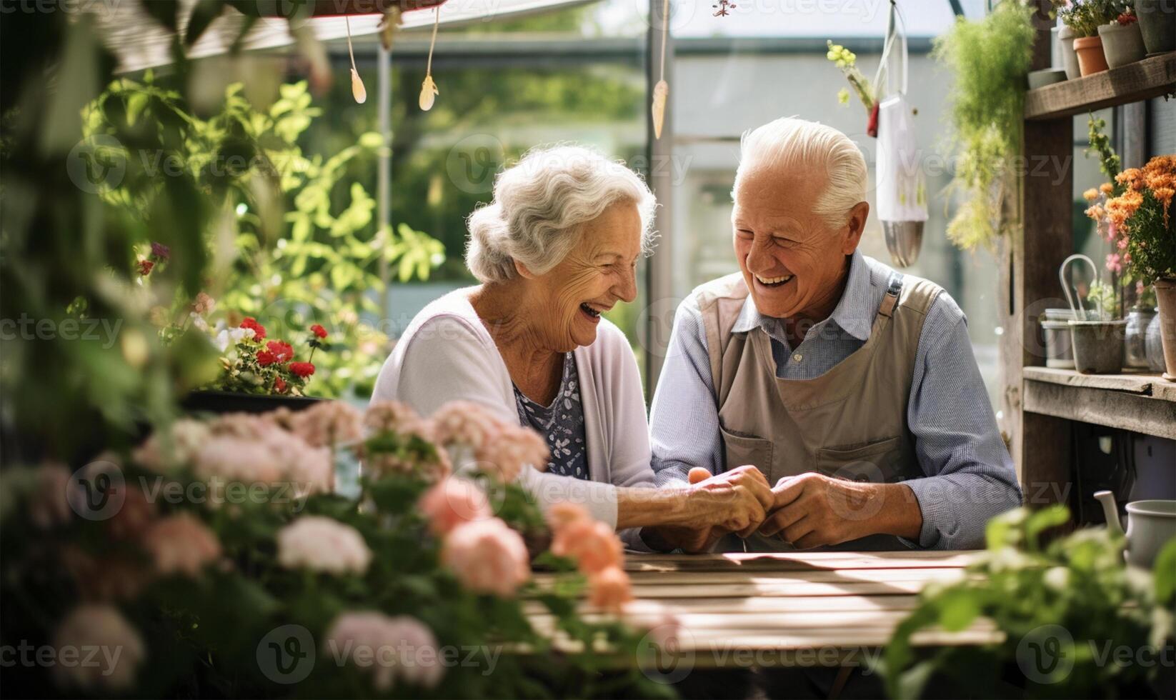 vieux gens couple dans Accueil jardin. ai généré photo