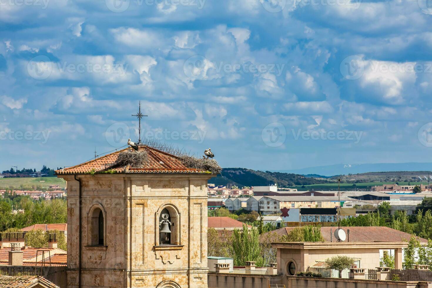 cigognes nidification sur Haut de le cloche la tour de église de Carmen de abajo construit sur le 15e siècle dans le ville de Salamanque dans Espagne photo