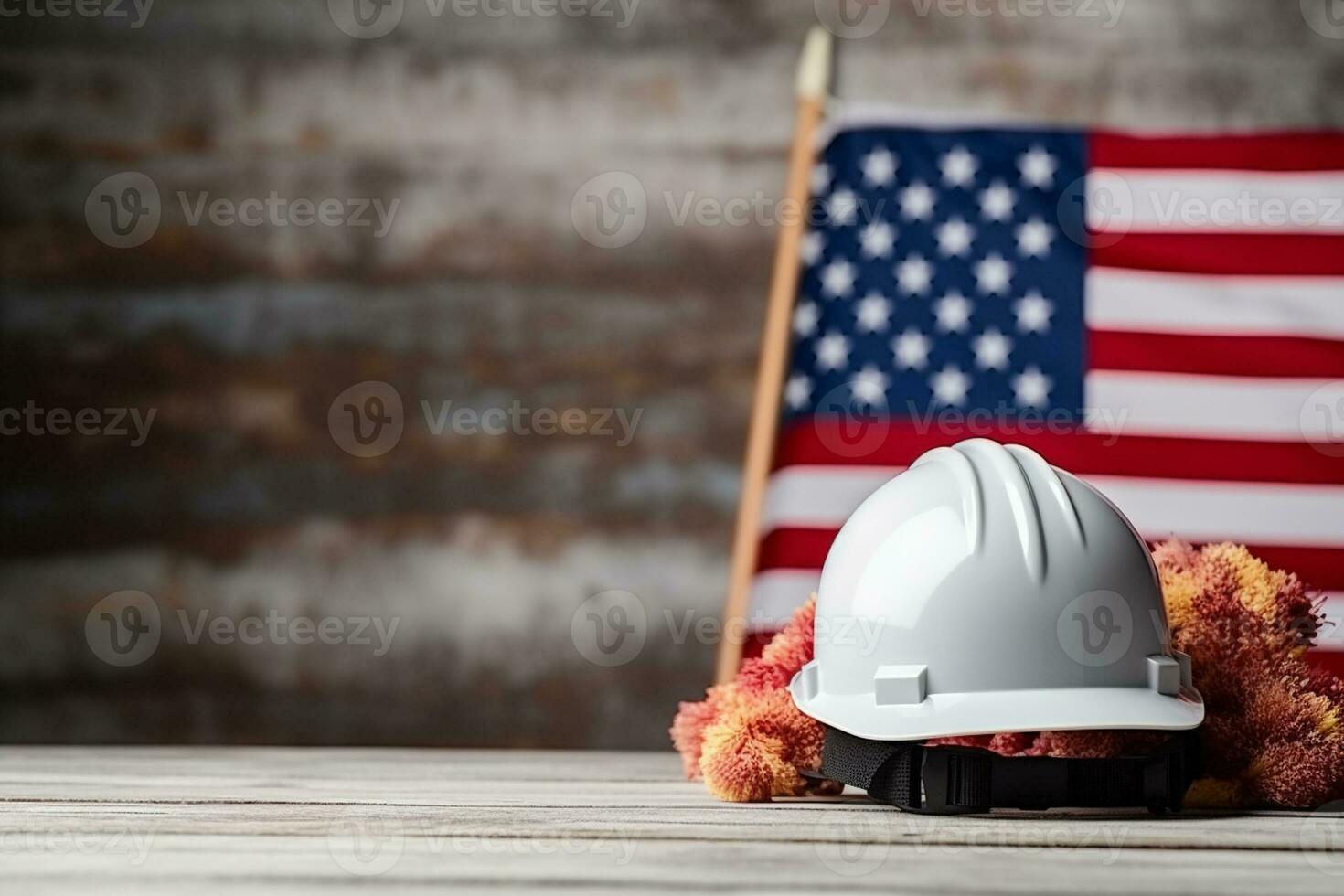difficile chapeau et jouet ramboutan avec Etats-Unis drapeau sur en bois Contexte la main d'oeuvre journée concept ai génératif photo