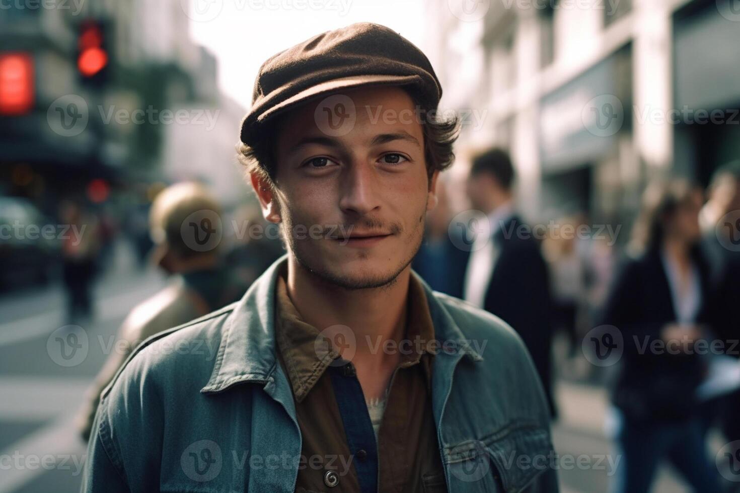 ai génératif portrait de une Beau Jeune homme sur le rue photo