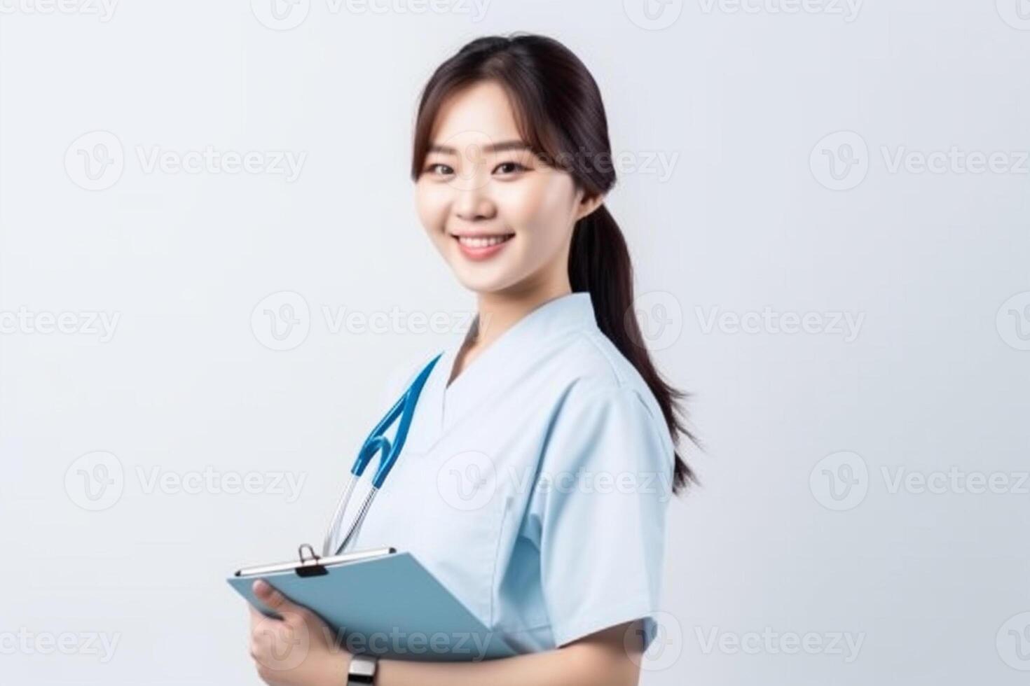 ai génératif portrait de une souriant femelle infirmière avec stéthoscope et presse-papiers photo