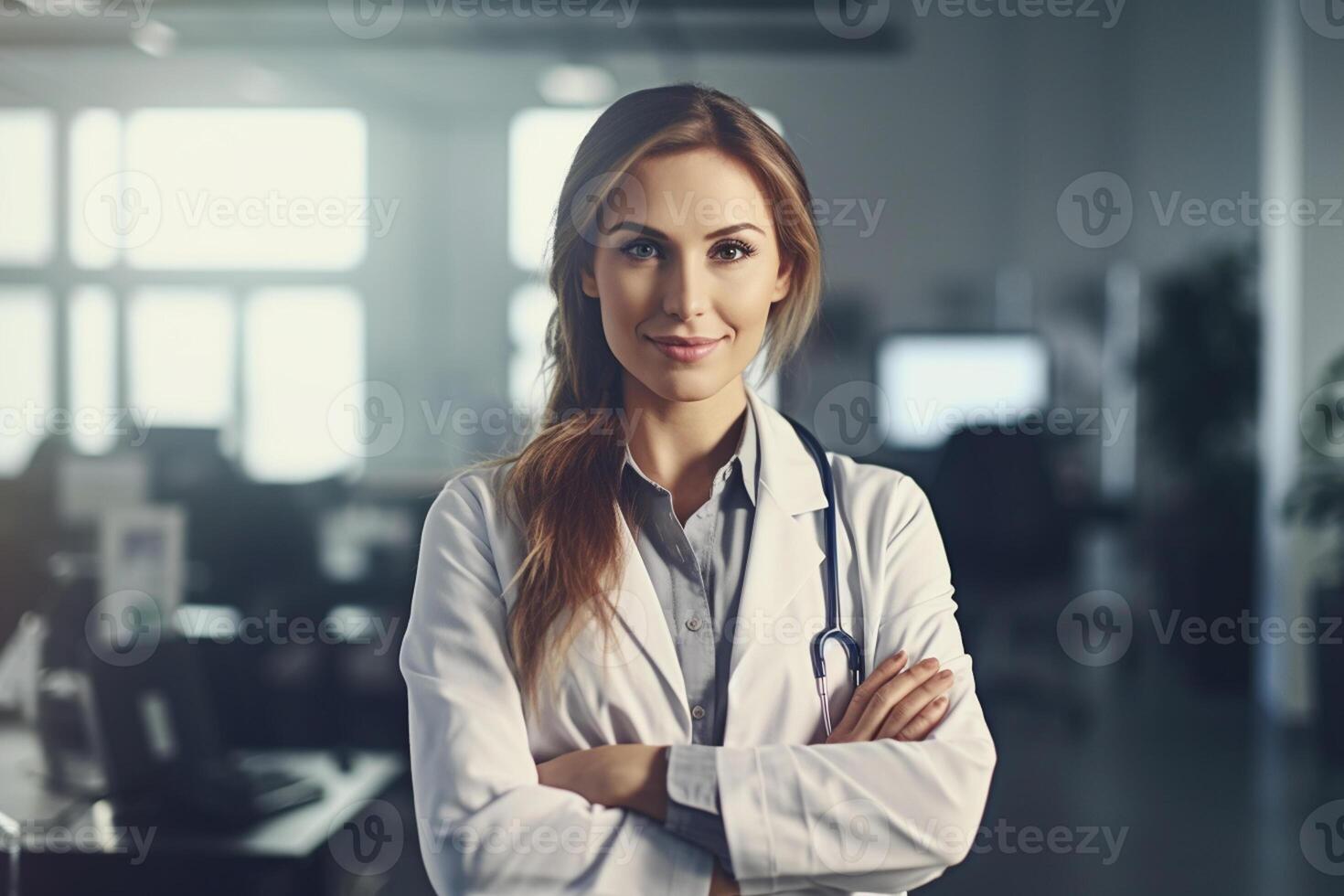 ai génératif portrait de une souriant femelle médecin permanent avec bras franchi dans le Bureau photo