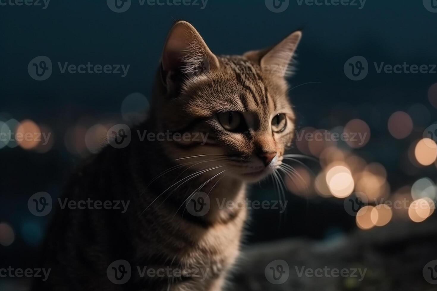 ai génératif mignonne peu chaton avec bleu yeux à la recherche à le ville à nuit photo