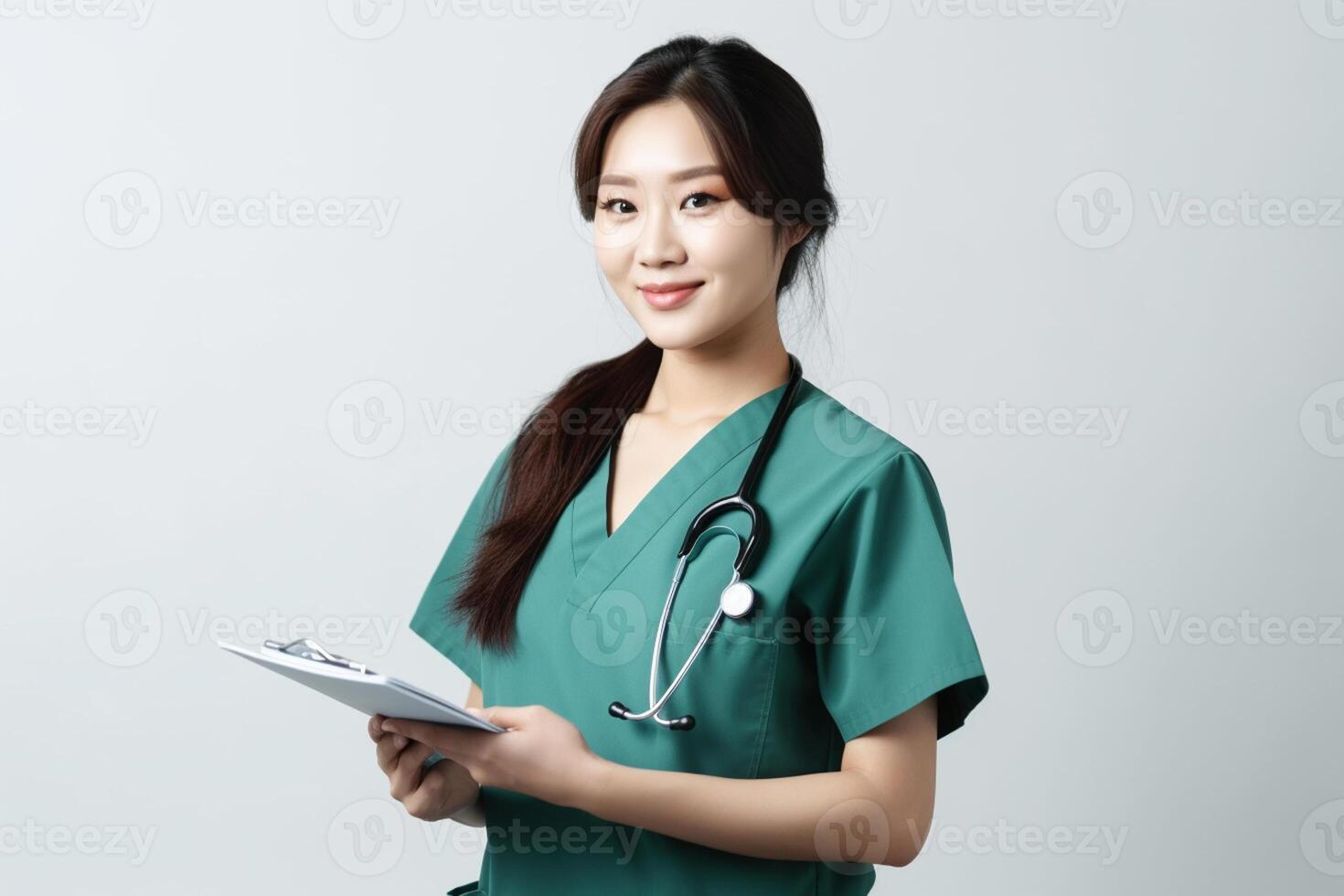 ai génératif portrait de une souriant femelle infirmière avec stéthoscope et presse-papiers photo