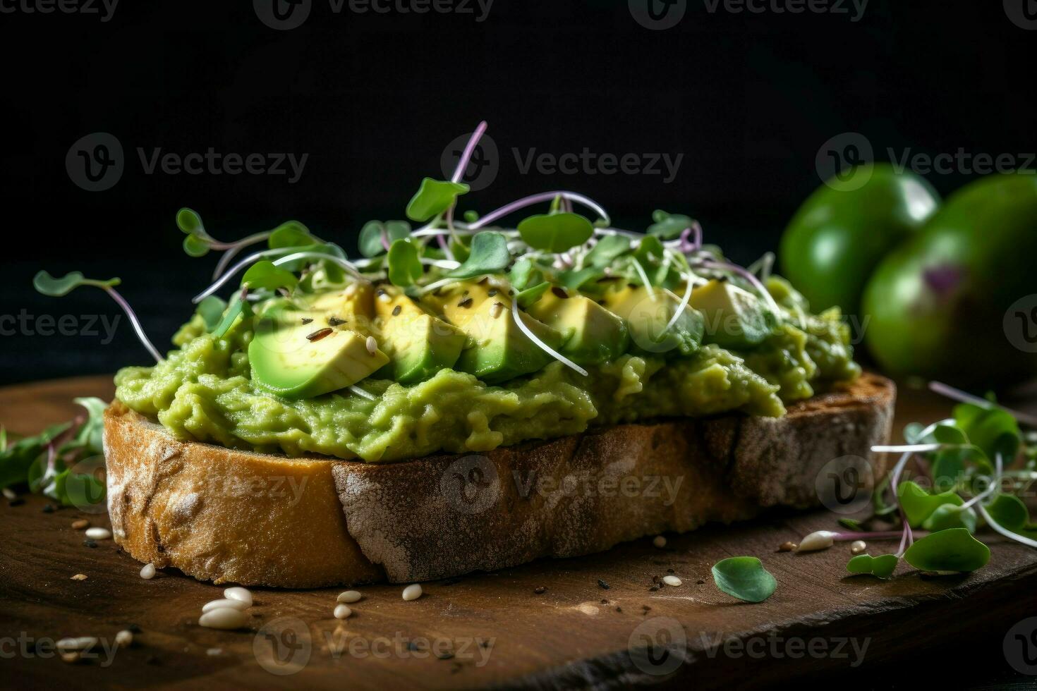 Avocat pain grillé planche petit déjeuner. produire ai photo