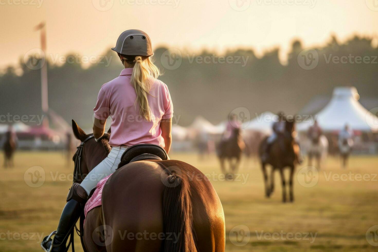 femme jouer polo le coucher du soleil. produire ai photo