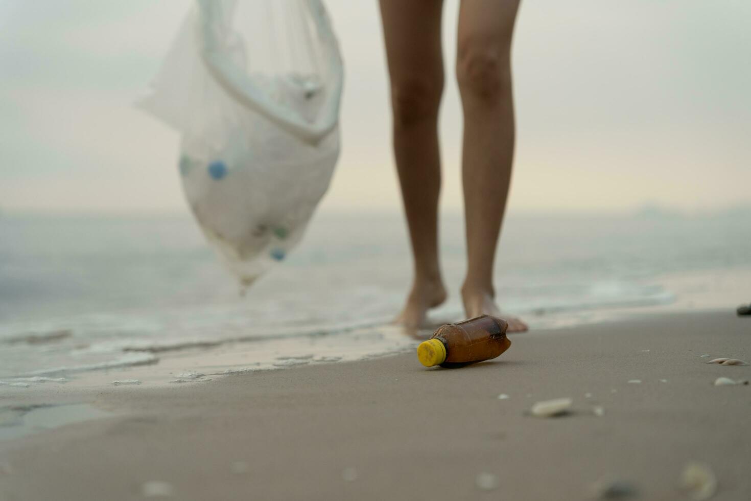 enregistrer océan. bénévole choisir en haut poubelle des ordures à le plage et Plastique bouteilles sont difficile décomposer prévenir nuire aquatique vie. Terre, environnement, écologisation planète, réduire global échauffement, enregistrer monde photo