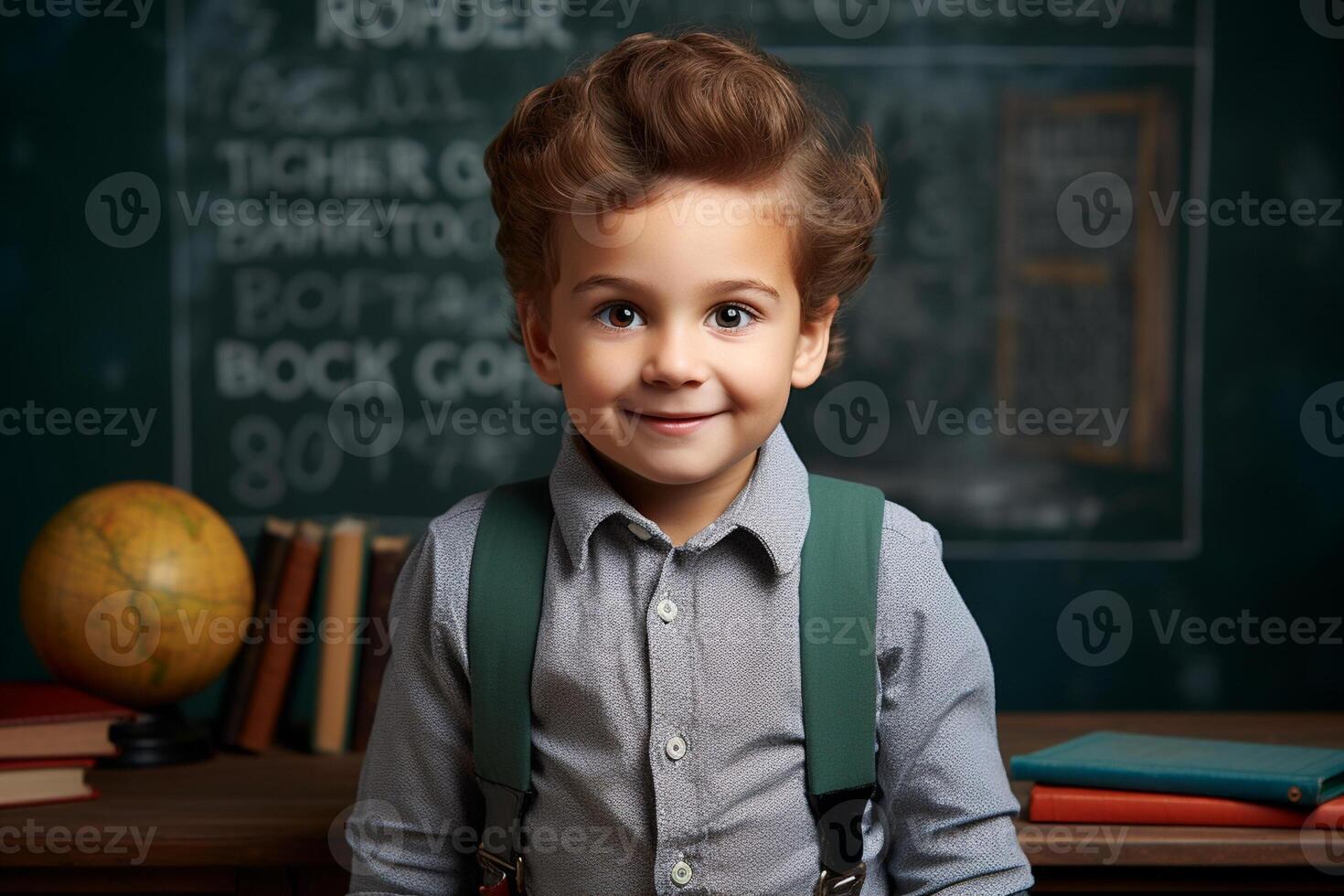 ai génératif une Jeune garçon posant dans de face de tableau noir avec retour à école concept photo