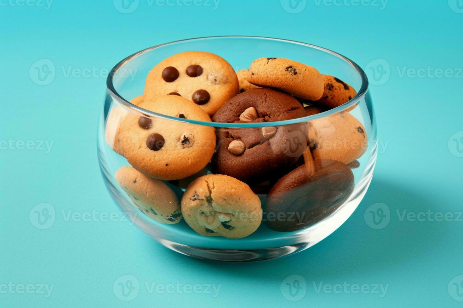 ai génératif une verre bol rempli avec Chocolat puce biscuits sur une solide Couleur Contexte. photo