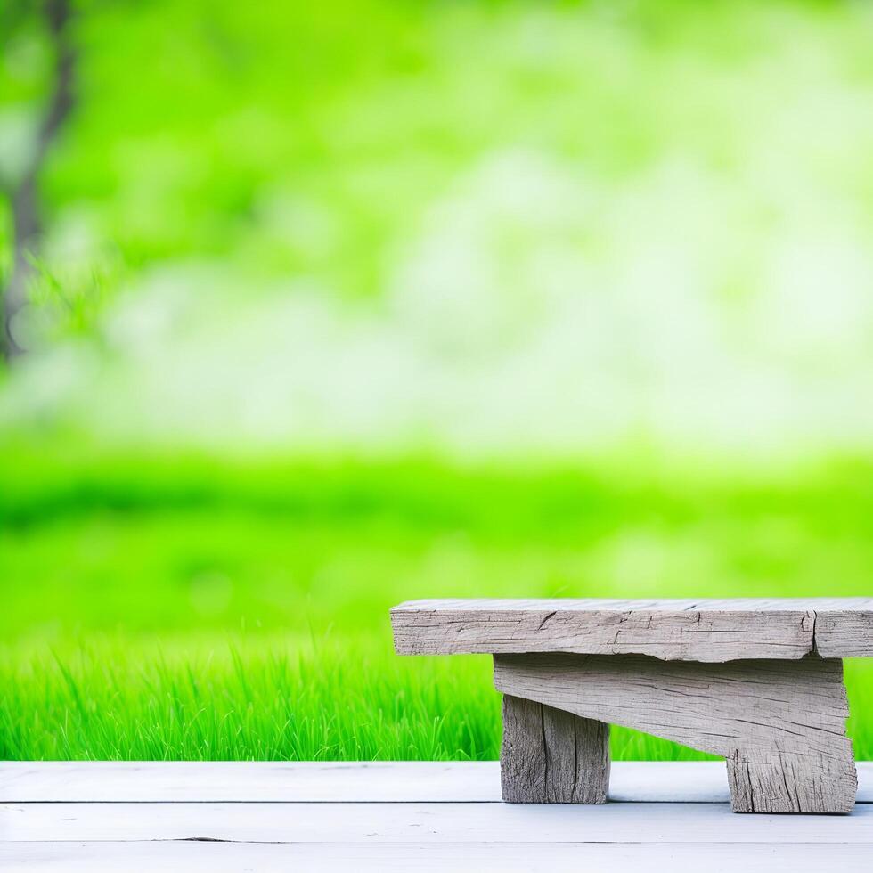 vide en bois table avec flou vert jardin Contexte. pour produit afficher. ai généré photo