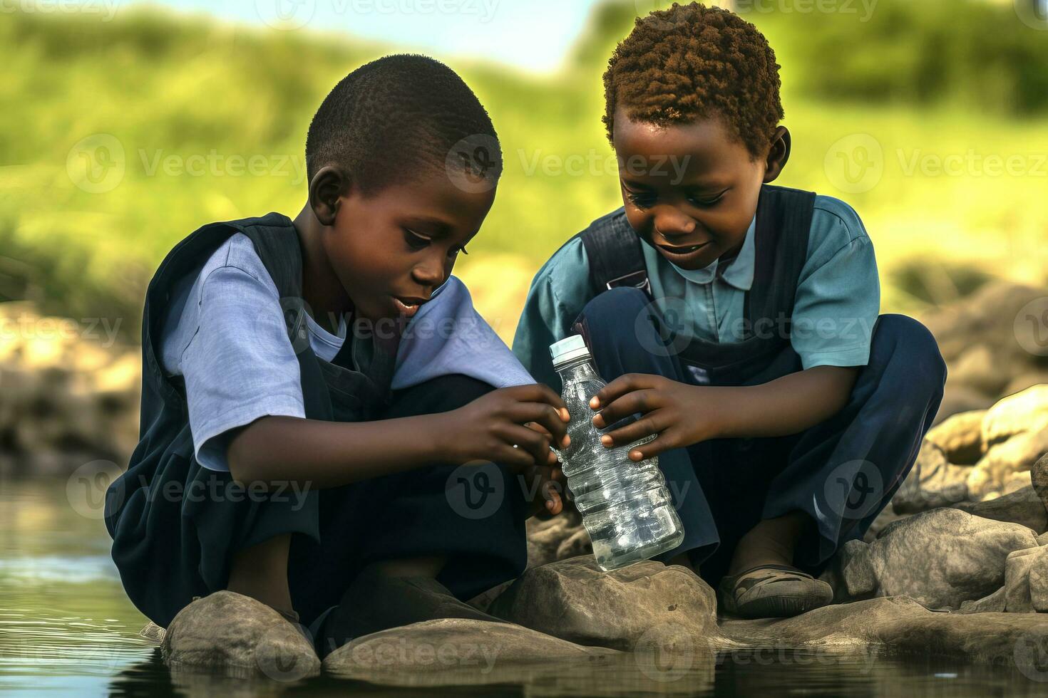 deux africain garçons dessiner l'eau dans bouteilles de une rivière. photo