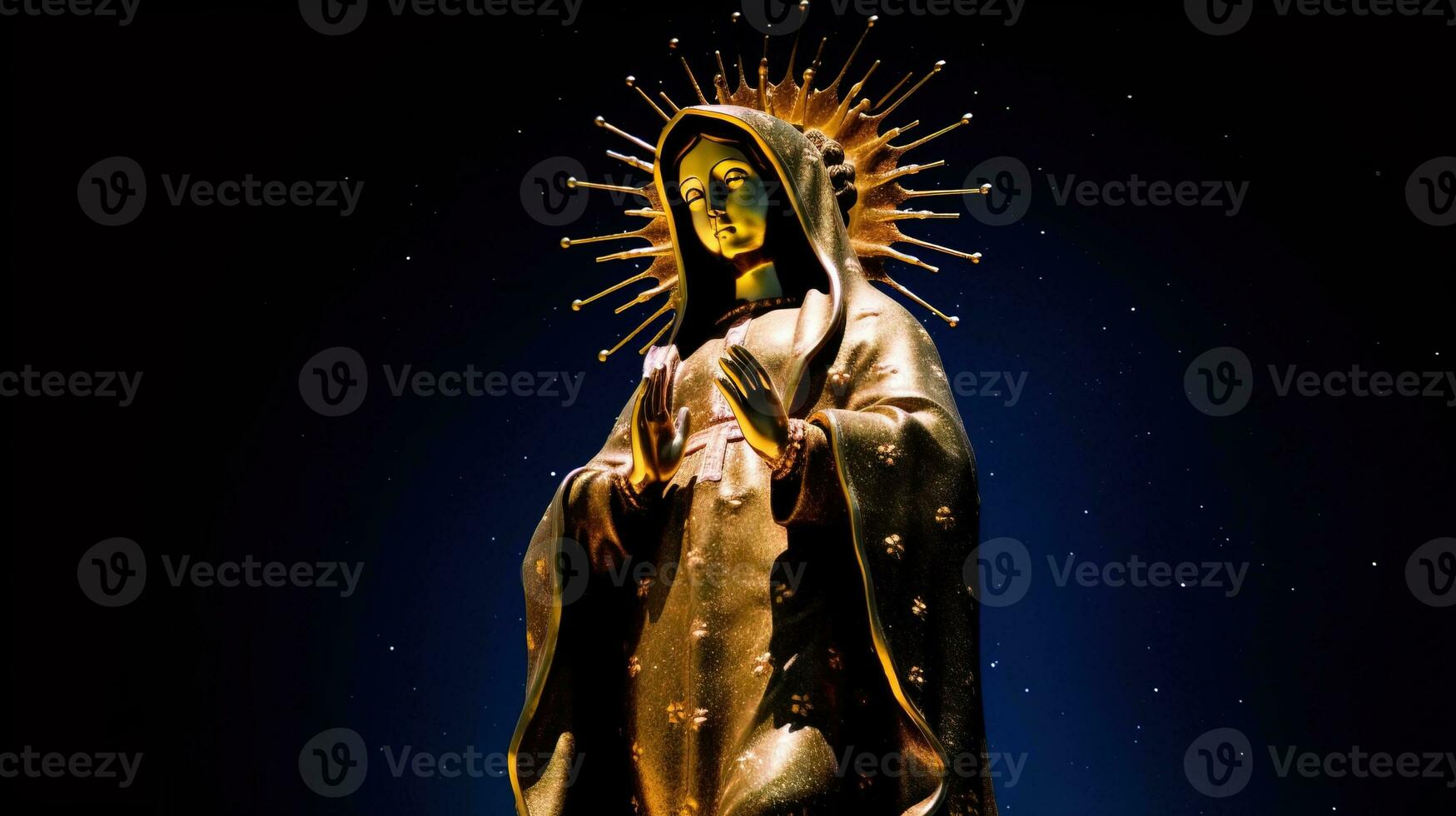 vierge del Carmen catholique religieux vacances, femelle statue contre le nuit ciel. ai généré. photo