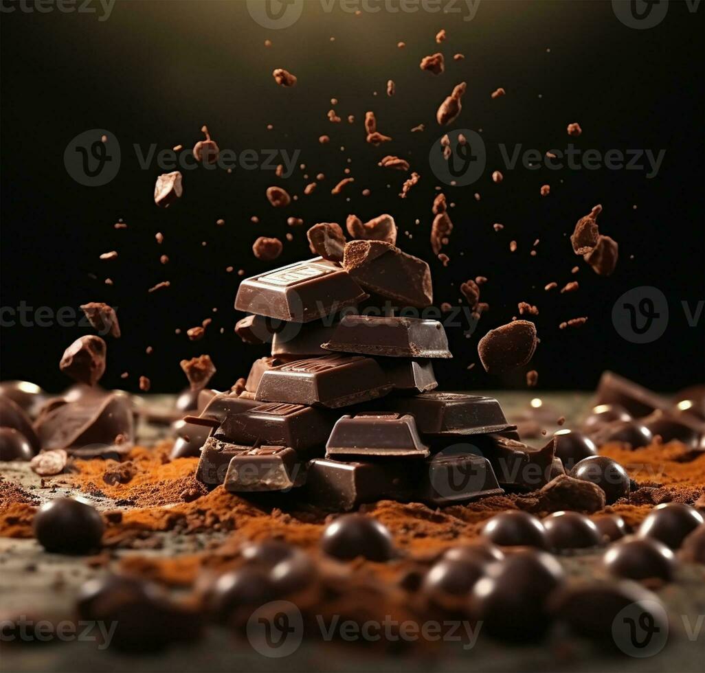 pièces de Chocolat et cacao poudre éclaboussures sur une noir Contexte. international Chocolat journée fête ai généré photo