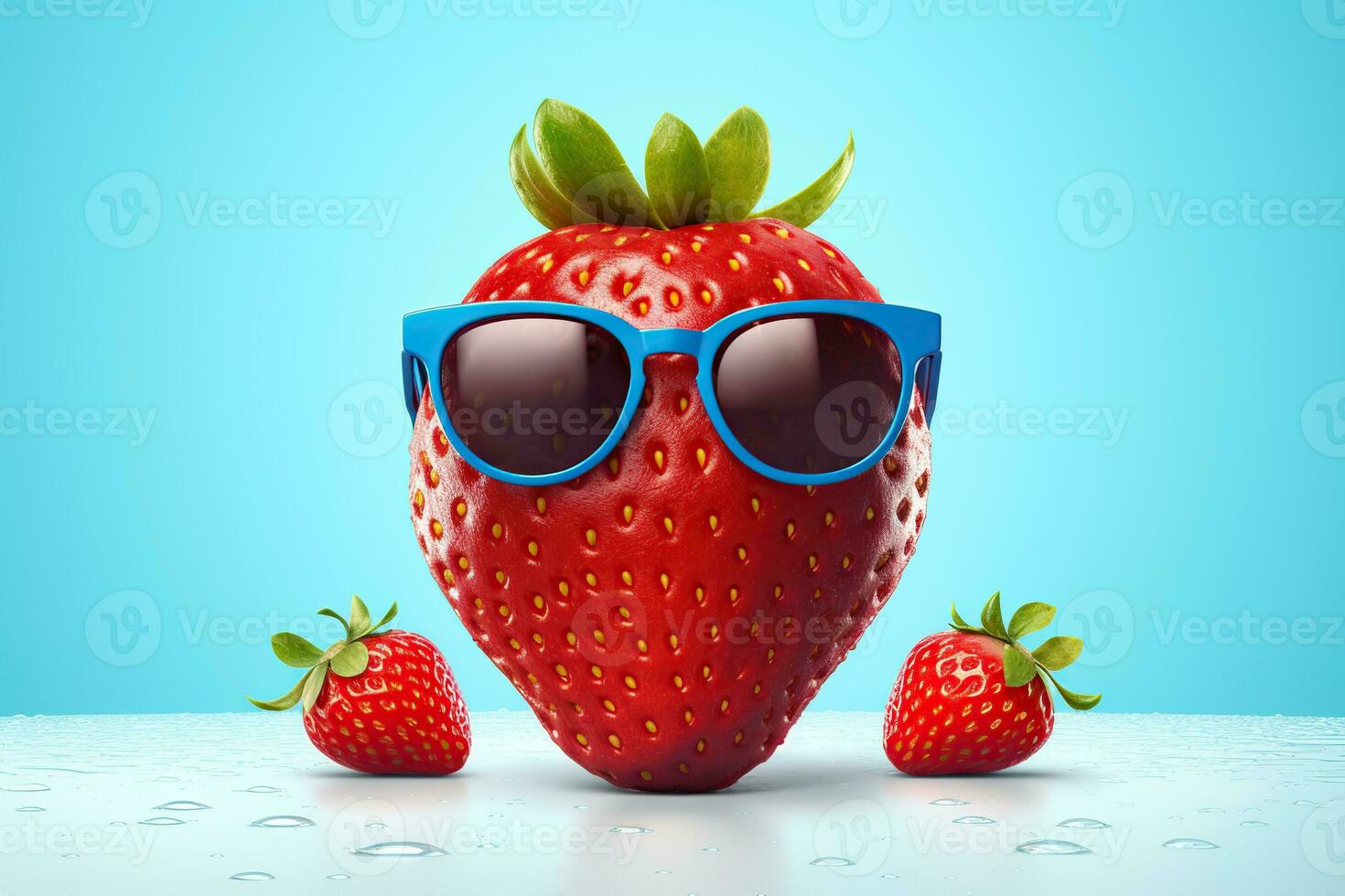 fraise portant des lunettes de soleil sur bleu Contexte ai généré photo