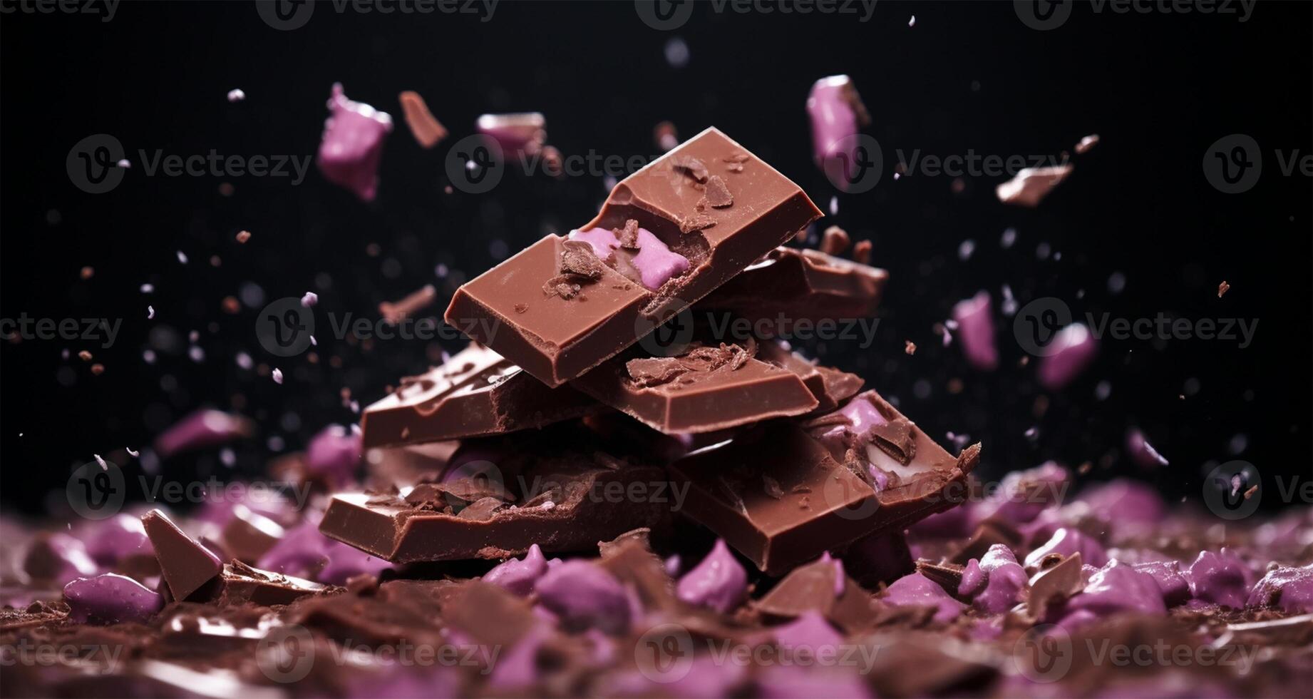 pièces de Chocolat et cacao poudre éclaboussures sur une noir Contexte. international Chocolat journée fête ai généré photo