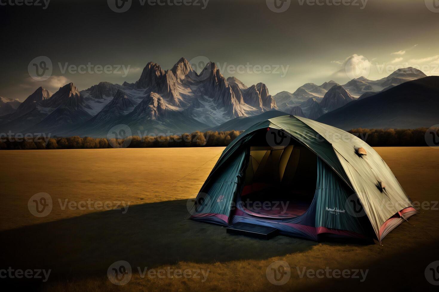 une tente dans une champ avec montagnes dans le Contexte. ai généré photo