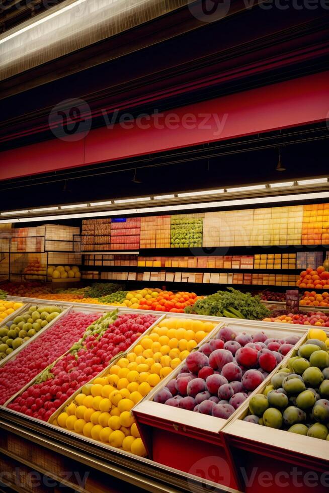 une produire section de une épicerie boutique rempli avec des fruits et des légumes. ai généré photo