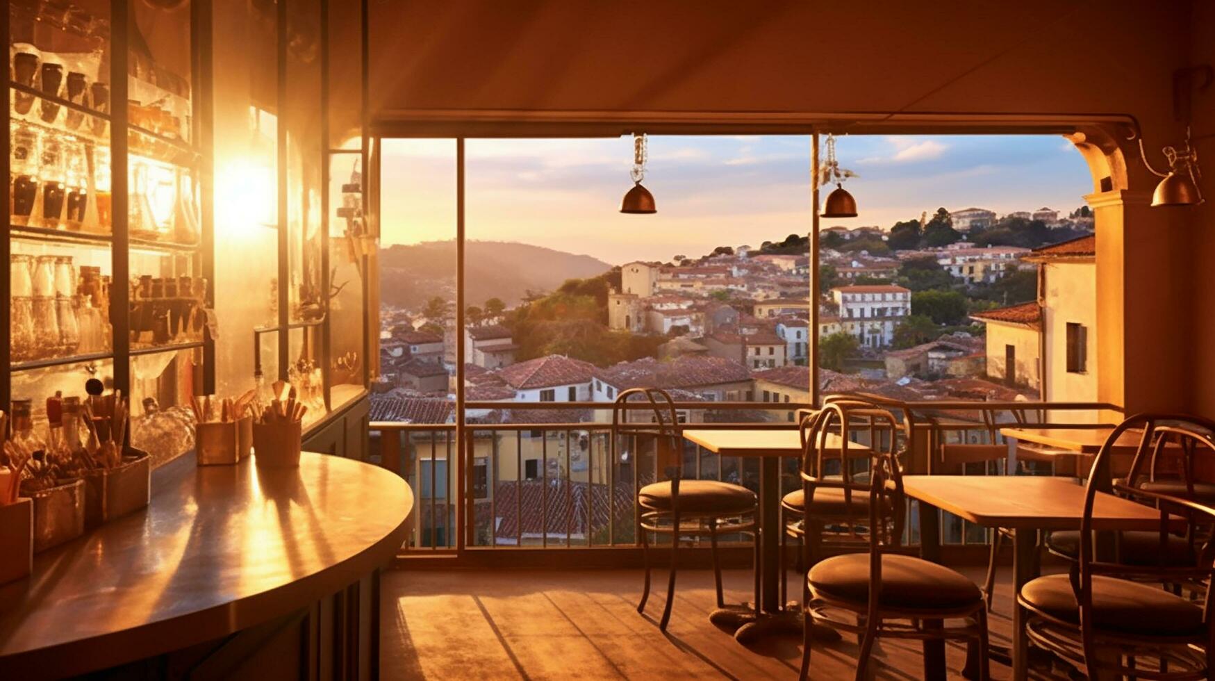 une panoramique paysage de une en retard après midi dans une authentique Italie café magasin ai génératif photo