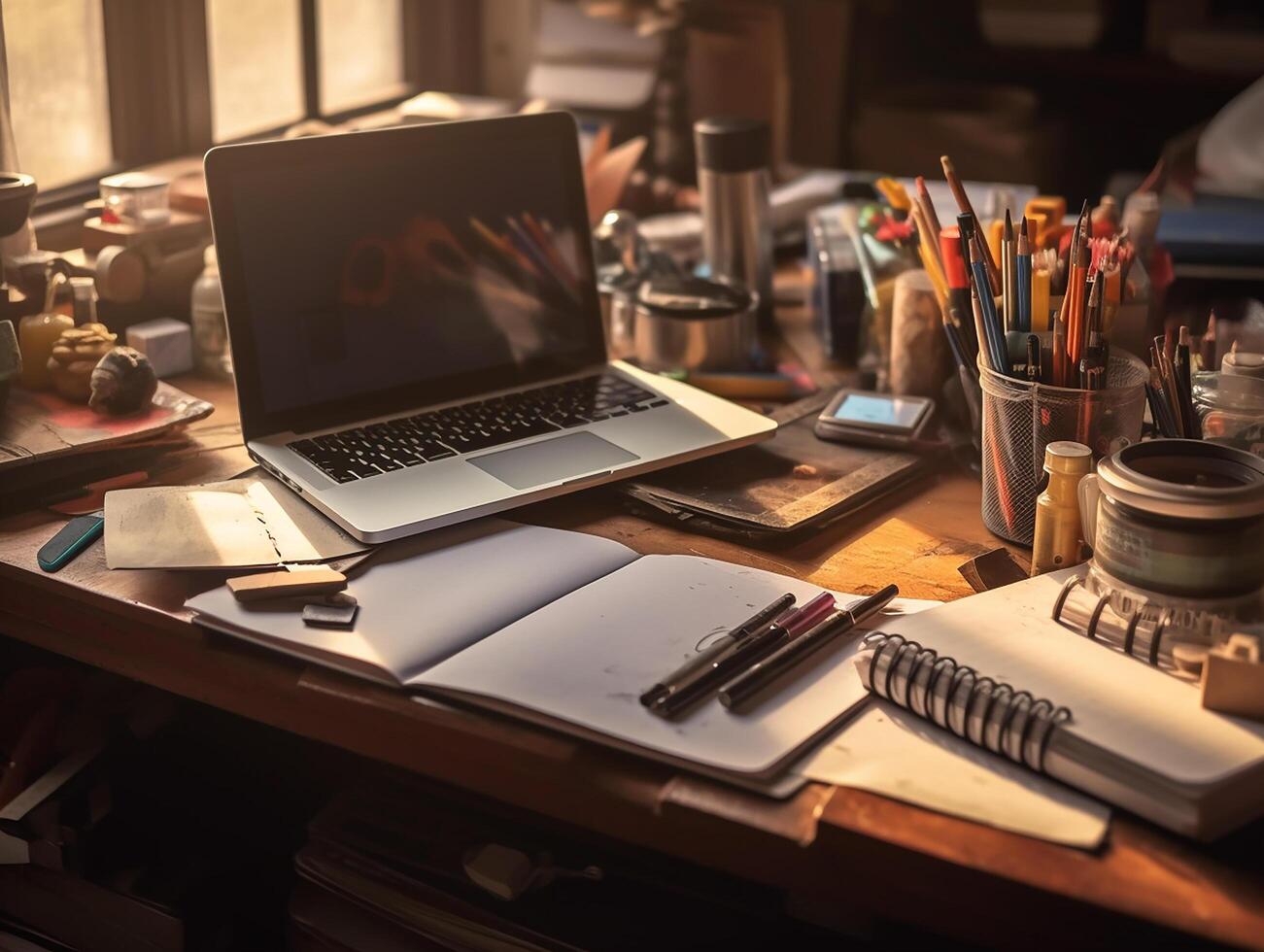 papeterie avec portable sur chaotique travail bureau, Soleil lumière, insensé détail ai génératif photo