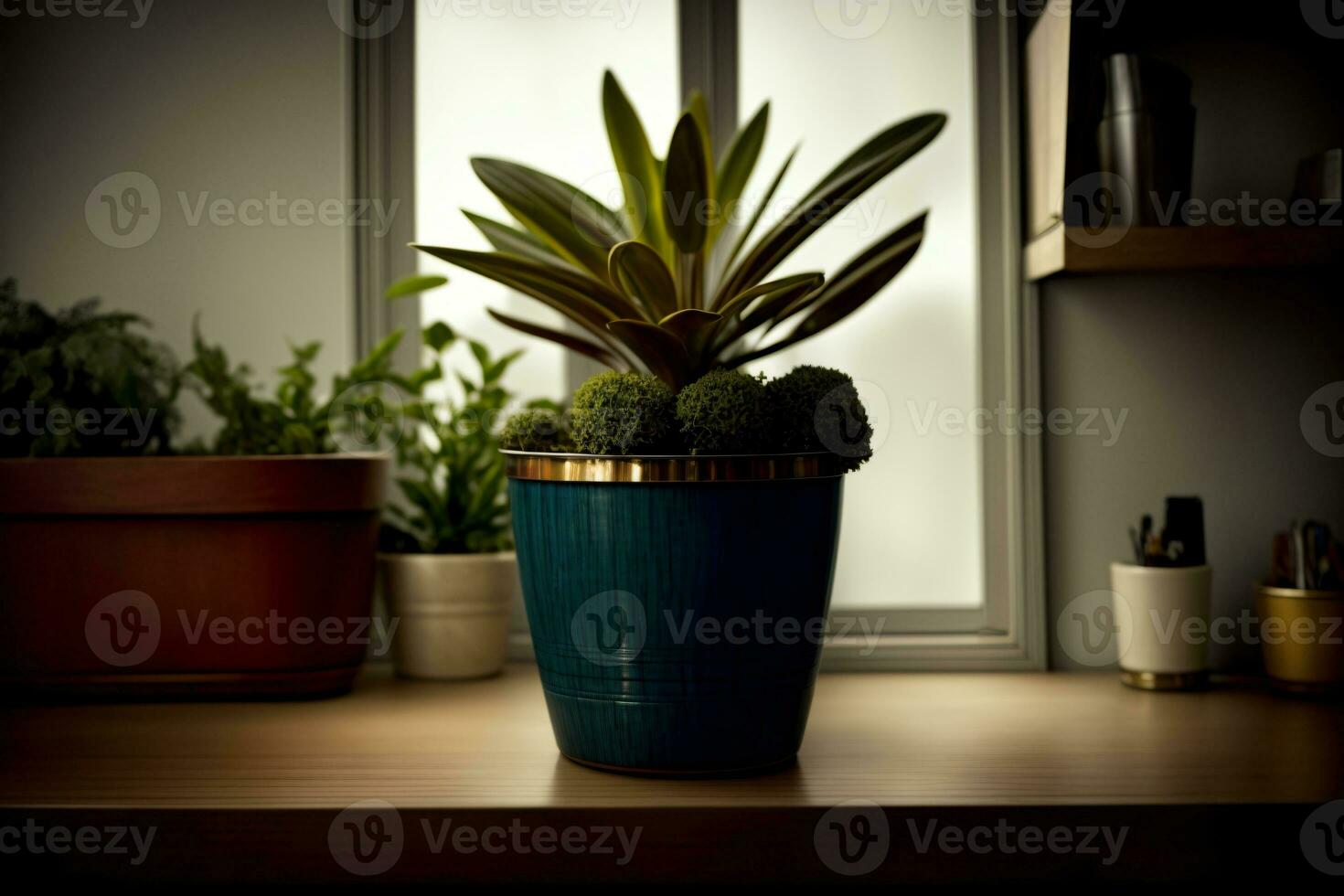 une mis en pot plante séance sur Haut de une en bois tableau. ai généré photo