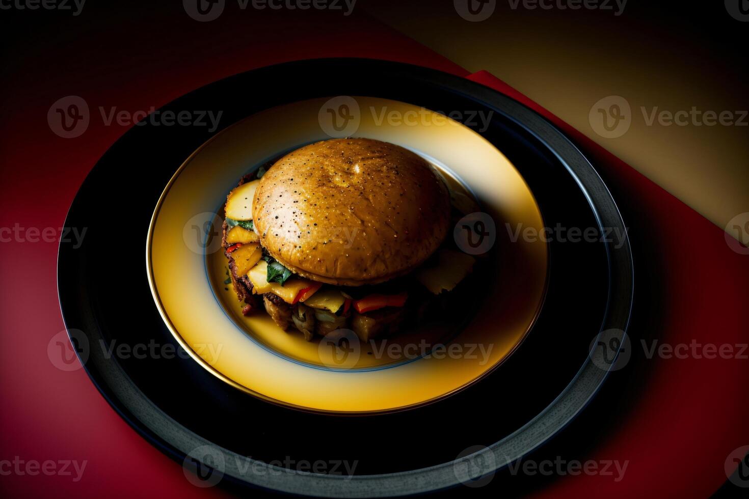 une Hamburger séance sur Haut de une Jaune et noir plaque. ai généré photo