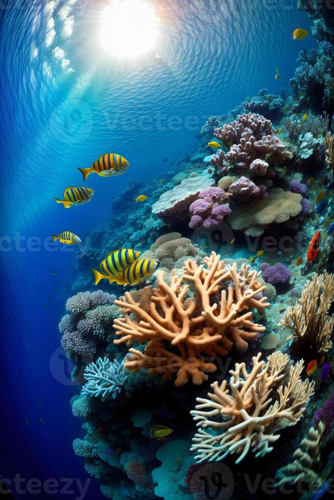 une groupe de poisson nager plus de une coloré corail récif. ai généré photo