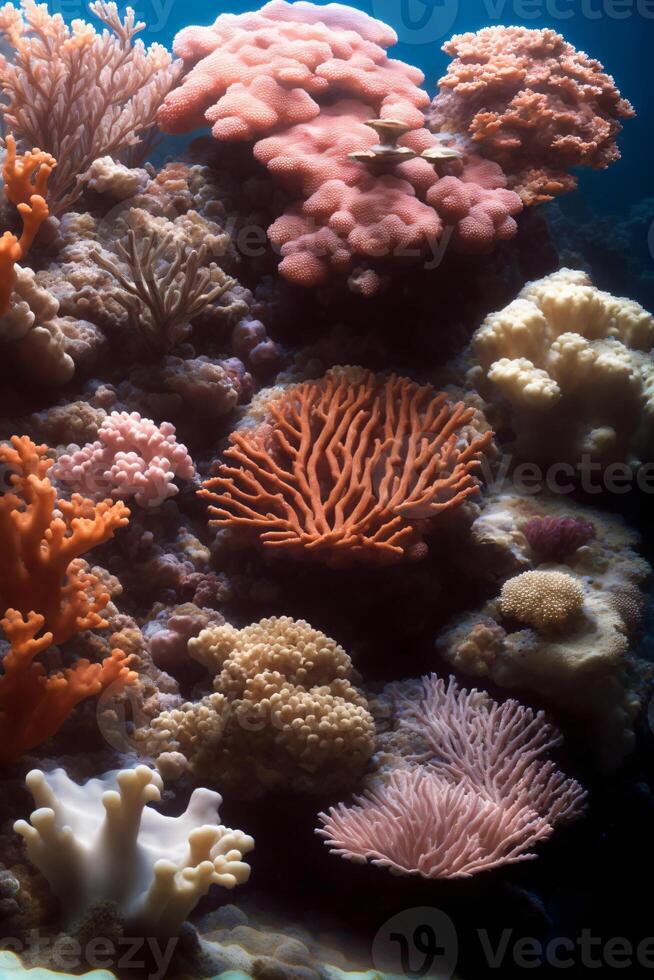 une bouquet de coraux cette sont dans le l'eau. ai généré photo