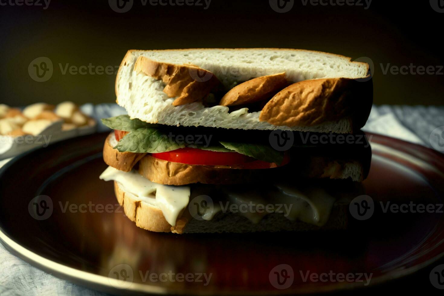 une proche en haut de une sandwich sur une plaque. ai généré photo