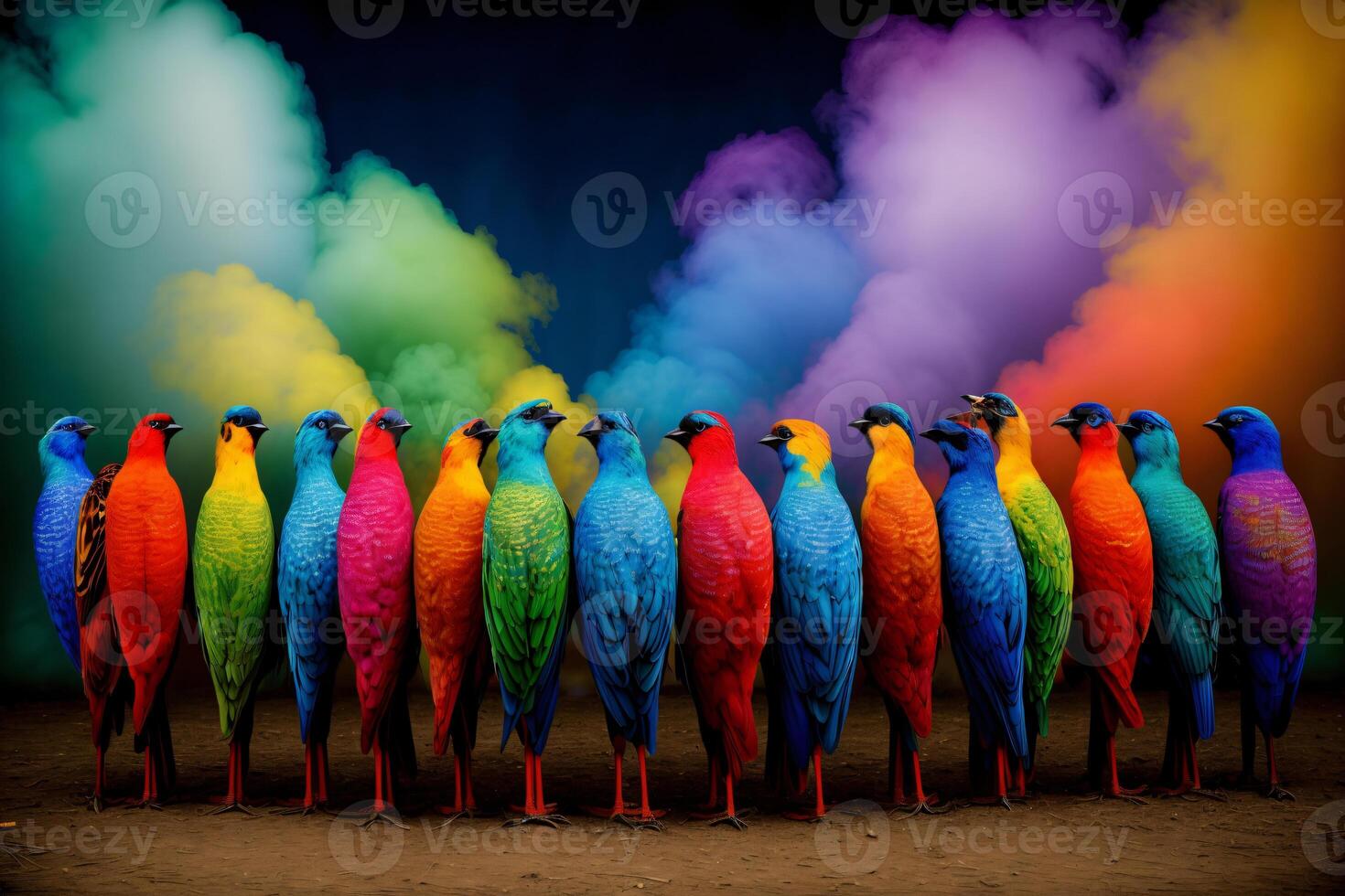 une groupe de coloré des oiseaux permanent suivant à chaque autre. ai généré photo