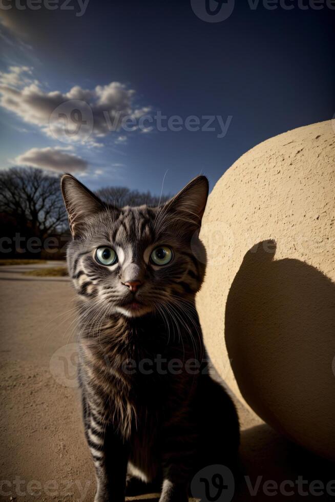 une chat cette est séance suivant à une mur. ai généré photo