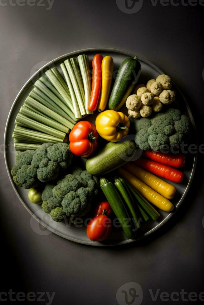 une assiette rempli avec beaucoup de différent les types de des légumes. ai généré photo