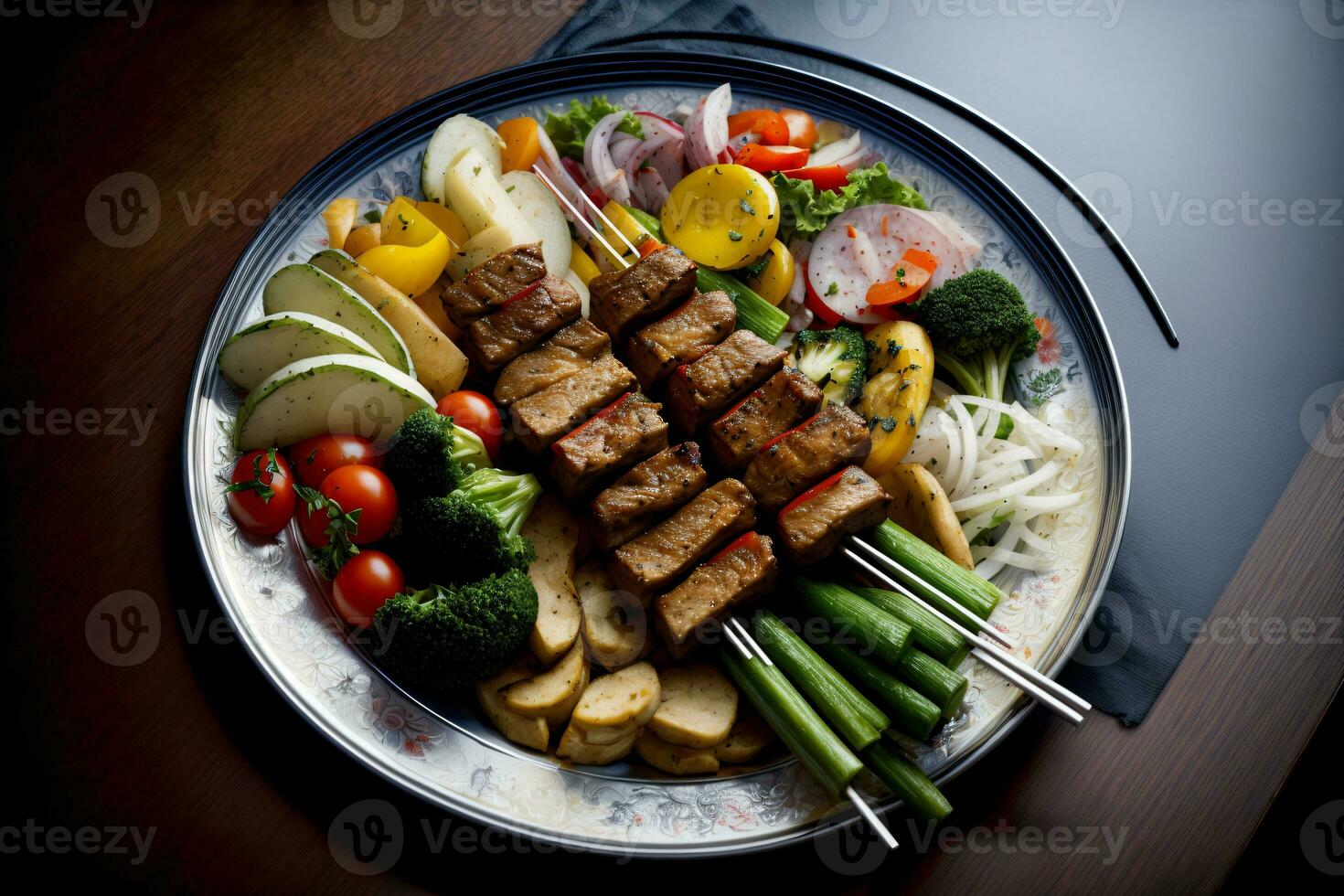 une blanc assiette surmonté avec Viande et légumes. ai généré photo